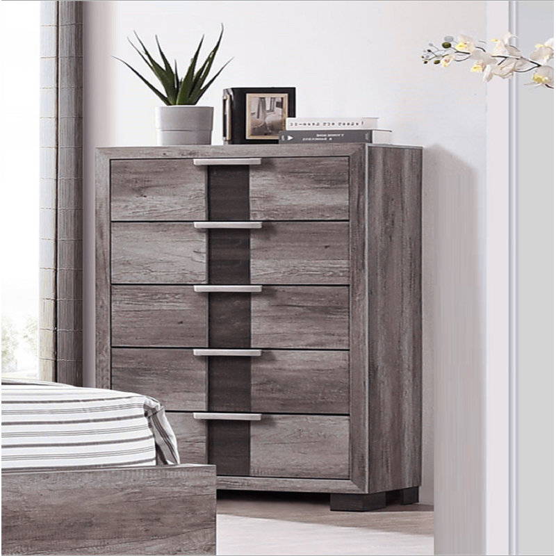 Commode contemporaine 1 pièce à cinq tiroirs avec boutons en métal brun et gris