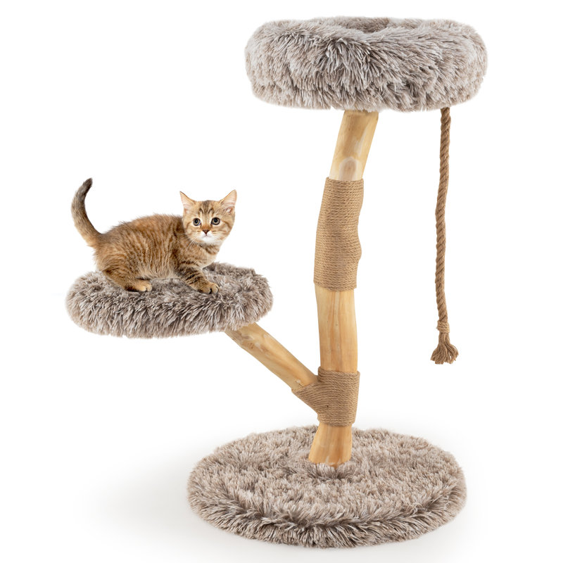  Solid Wood Cat Tower Modern Cat Scratching Tree w/Luxurious Perch Teasing Rope