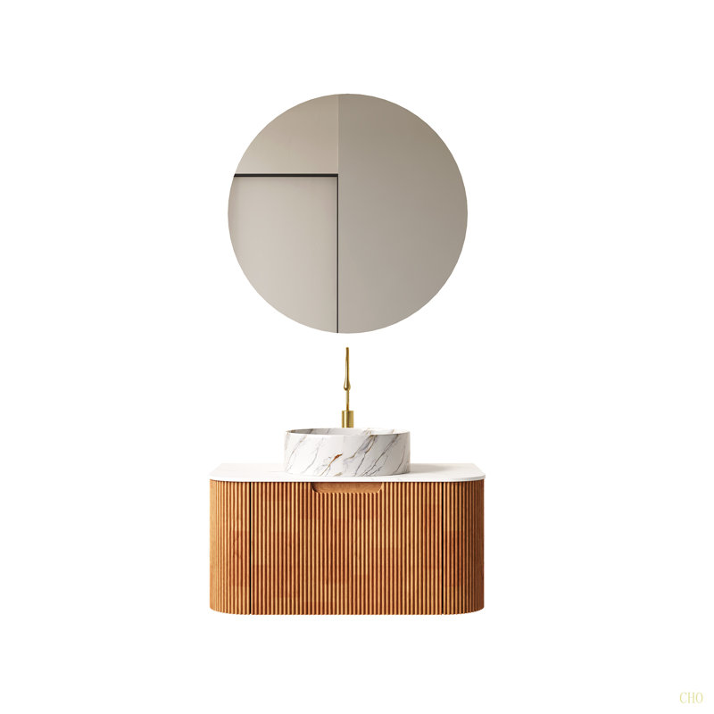 Meuble-lavabo de salle de bain avec lavabo, armoire de rangement de salle de bain murale à bordures courbes et flottantes avec tiroir, lavabo en céramique avec motif de pierre, pré-assemblé