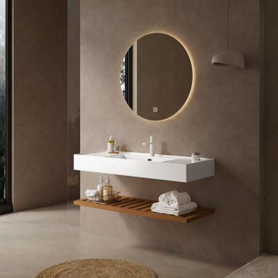 Meuble-lavabo de salle de bain avec lavabo vasque, lavabo intégré mural flottant rectangulaire en acrylique sans robinet, étagère rayée