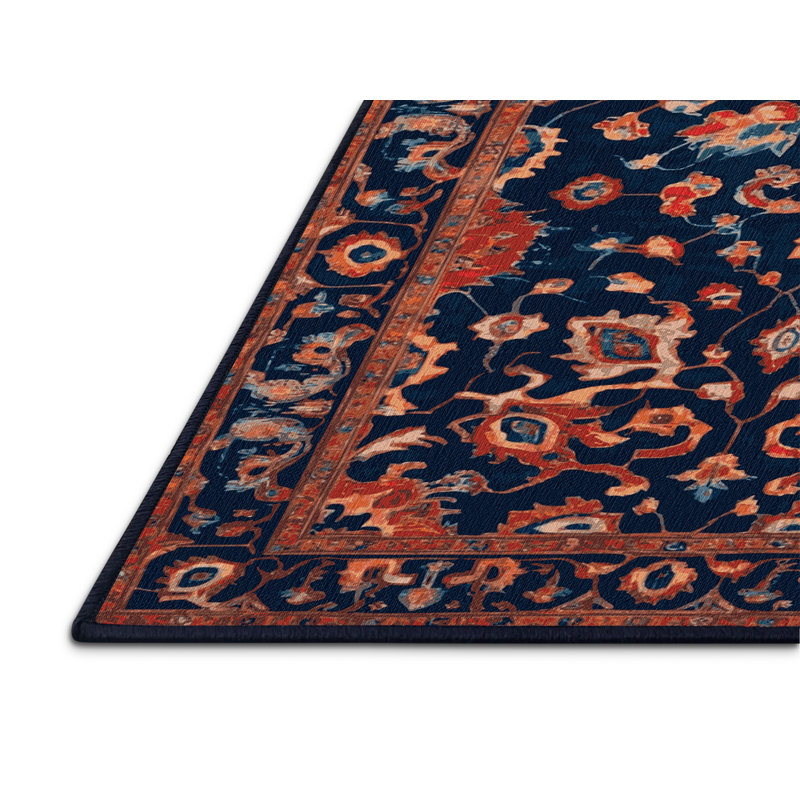 Tapis bleu Tabriz lavable à la machine, Carré 4 pi