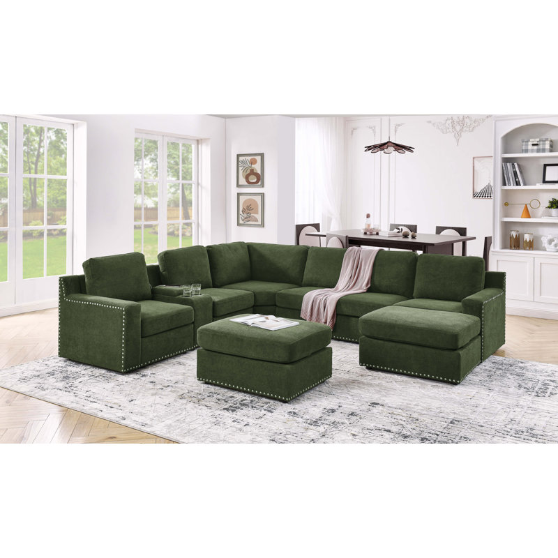 Canapé modulaire de coin réversible de 77 po avec repose-pieds Astare, Mélange de polyester vert foncé