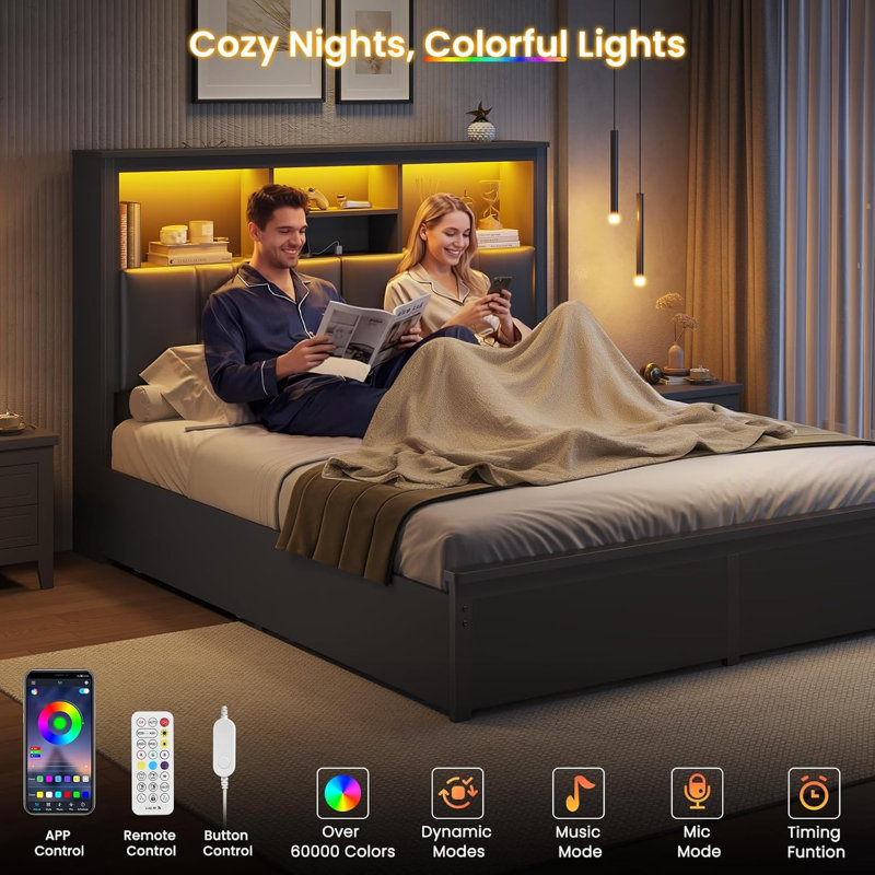 Queen-size Bed Frame With Charging Station And Led Lights, Platform Bed, Leather-upholstered Headboard With Storage Space, Metal Slat Support, Springless Mattress, Quiet Operation, Black