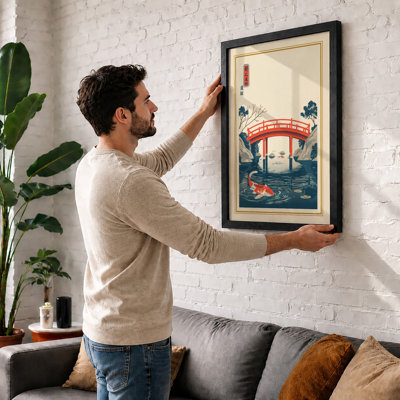 Red Bridge at Twilight Japandi - Framed Print