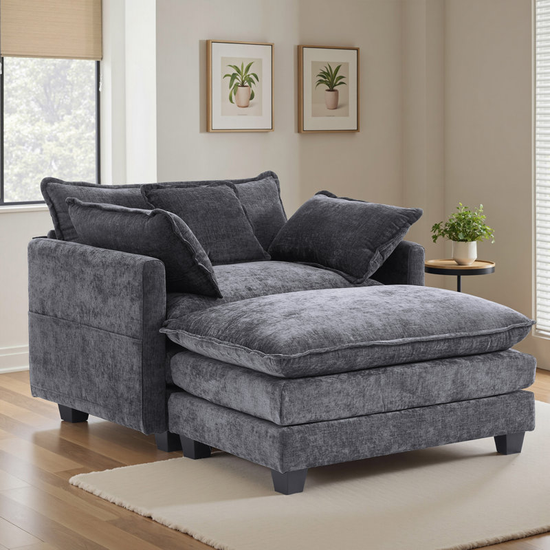 Chaise Lounge Chair Indoor with Ottoman, Oversized Chenille Lounge Sofa Chair, Comfy Reading Chair with Double-sided Armrest and Lumbar Support for Bedroom, Living Room, Office