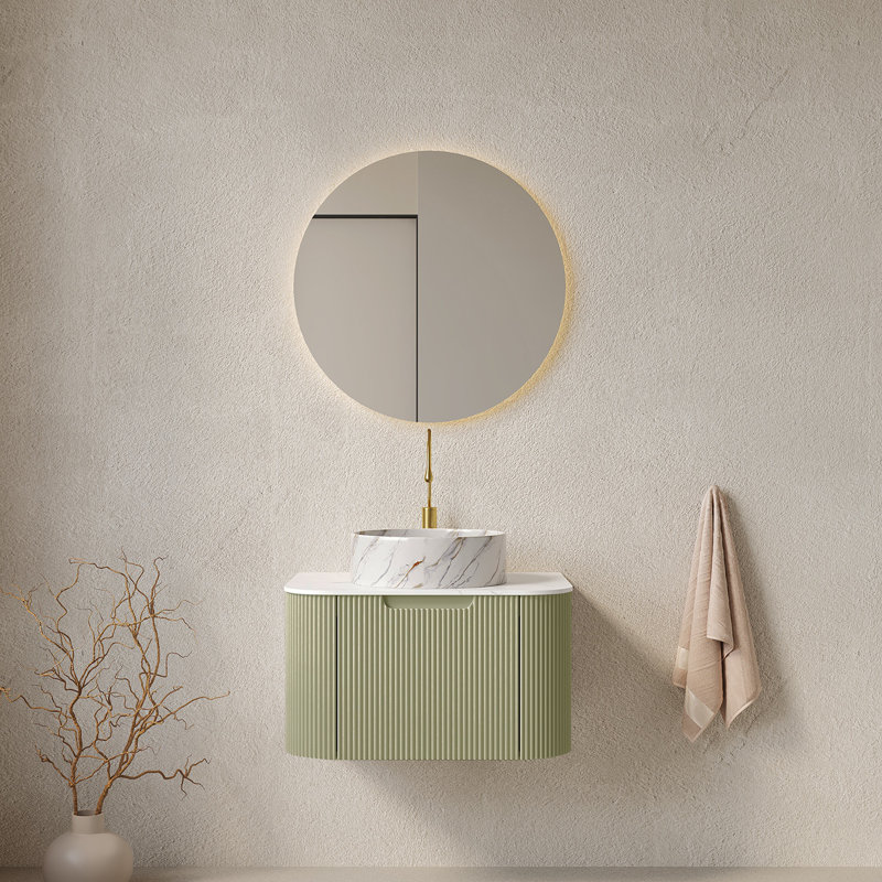 Meuble-lavabo de salle de bain 24 po avec lavabo, lavabo à fixation murale à bords arrondis flottants avec tiroir, lavabo en céramique blanc avec motif de pierre, pré-assemblé, vert clair