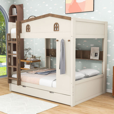 Wooden Bunk Bed with Trundle, Hooks and Side Shelves