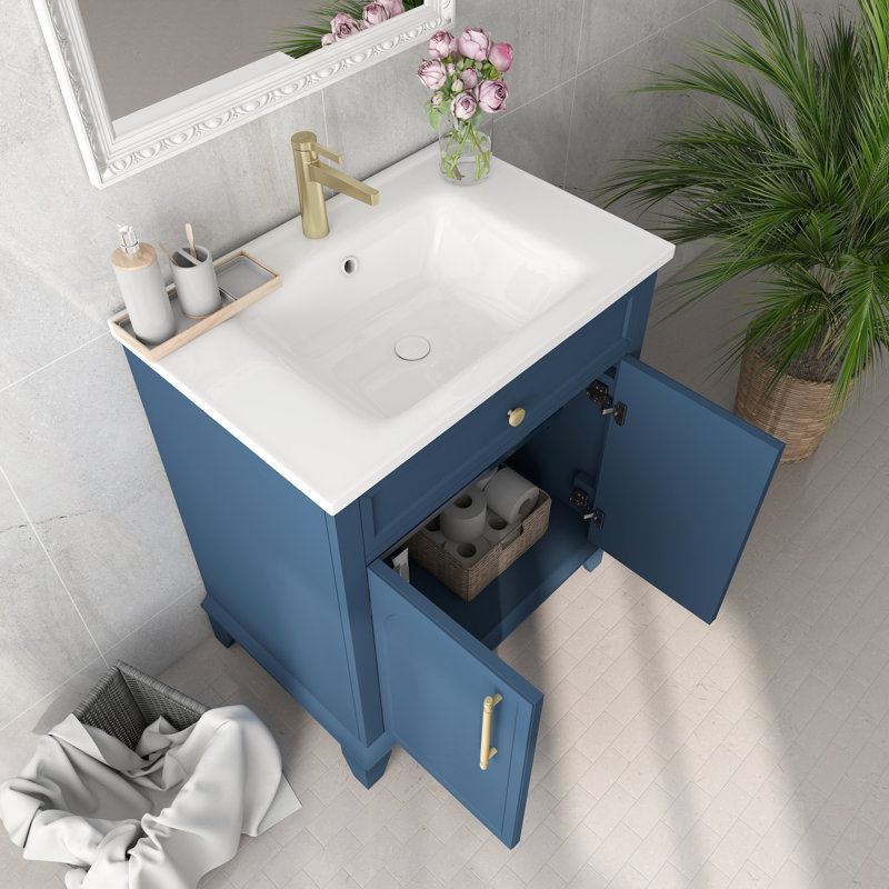 Meuble-lavabo de style milieu du siècle, tiroirs avec poignées en métal, construction robuste et étanche, 47,5 cm (l) x 70,6 cm (p) x 86,4 cm (h), lavabo sur pied, design élégant, grand espace de rangement.