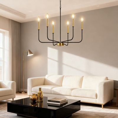 6-Light Black And Gold Chandelier, Adjustable Height Farmhouse Lighting Fixture For Dining Room, Living Room, Bedroom, Foyer, Rustic Industrial Modern Design
