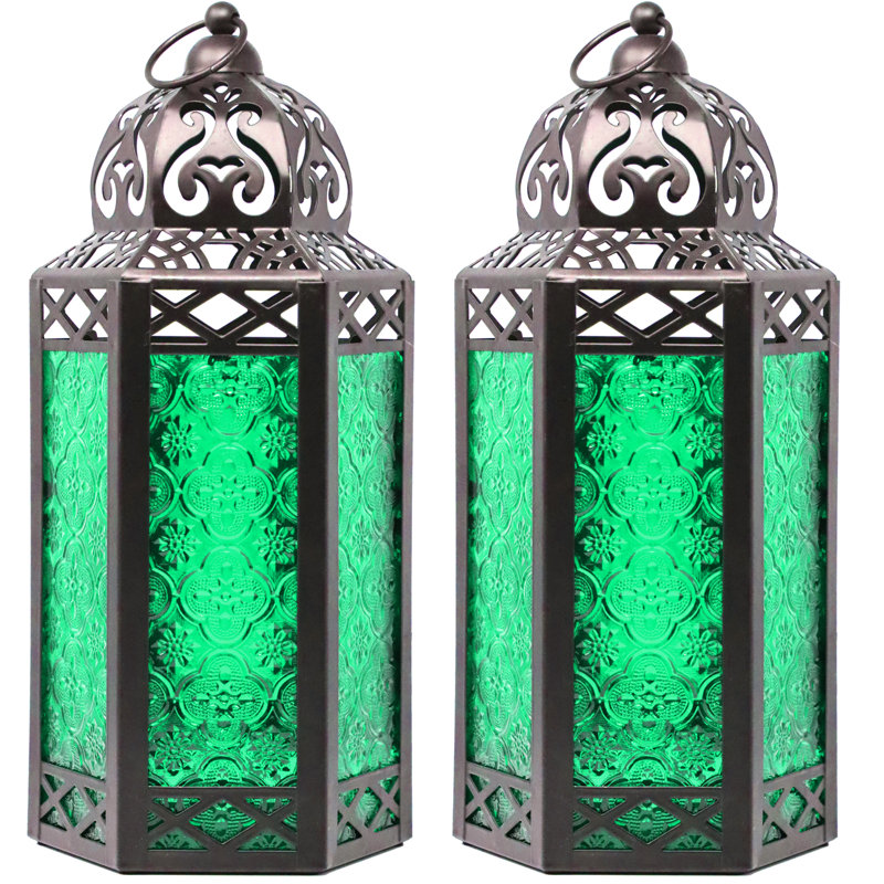 Moroccan Candle Lantern Decorative Candle Holder Lamp for Table or Hanging, Ramadan Decorations, Weddings, Indoor Home Decor, Outdoor Patio or Porch (Set of 2)