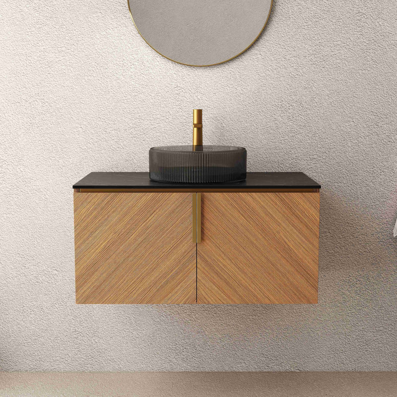Meuble-lavabo de 36 po avec lavabo, armoire de rangement murale moderne en contreplaqué avec portes doubles, lavabo rond en verre transparent et comptoir en pierre frittée