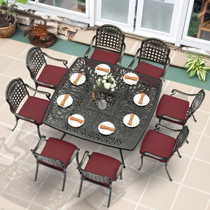 9-Piece Outdoor Furniture Dining Set For 8, All Weather Cast Aluminum Patio Dining Set- Large 64" Square Table With Umbrella Hole And 8 Cushioned Chairs, Patio Table And Chairs Set