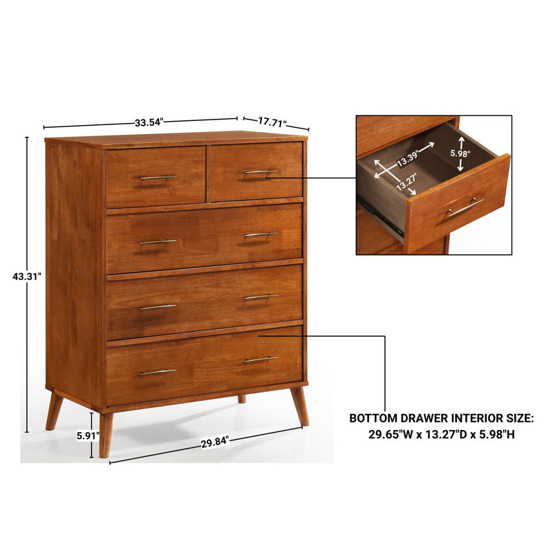 Imre 34" W Mid Century Modern Solid Wood 5-Drawer Tall Dresser