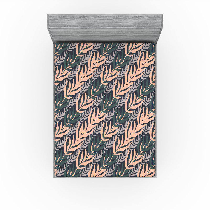 Drap-housse Ambesonne, Drap-housse très grand californien, Pêche / vert forêt / motif floral gris