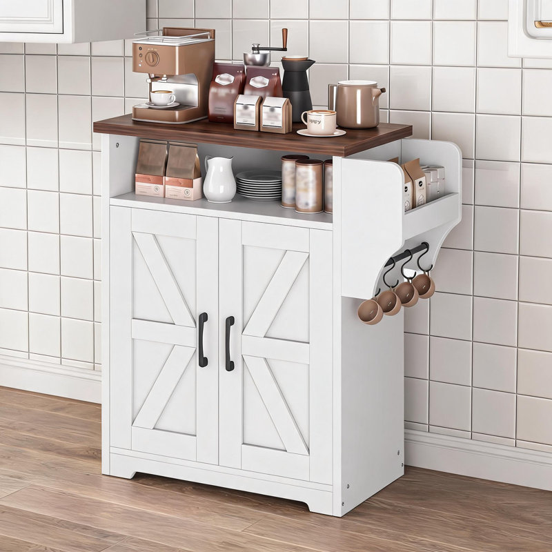 Meuble-bar à café et buffet de style campagnard, étagère flottante et crochets de rangement pour la cuisine, blanc et noyer