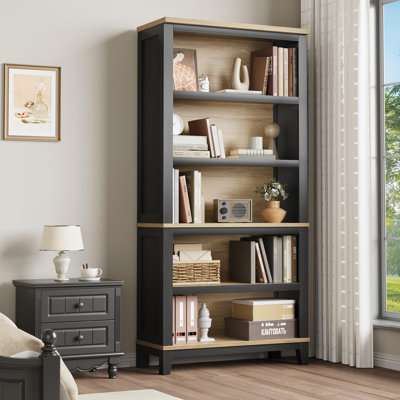 71" Farmhouse Bookcase, 5-Tier Tall Bookshelf with Adjustable Shelves & Wooden Legs for Living Room, Office & Library