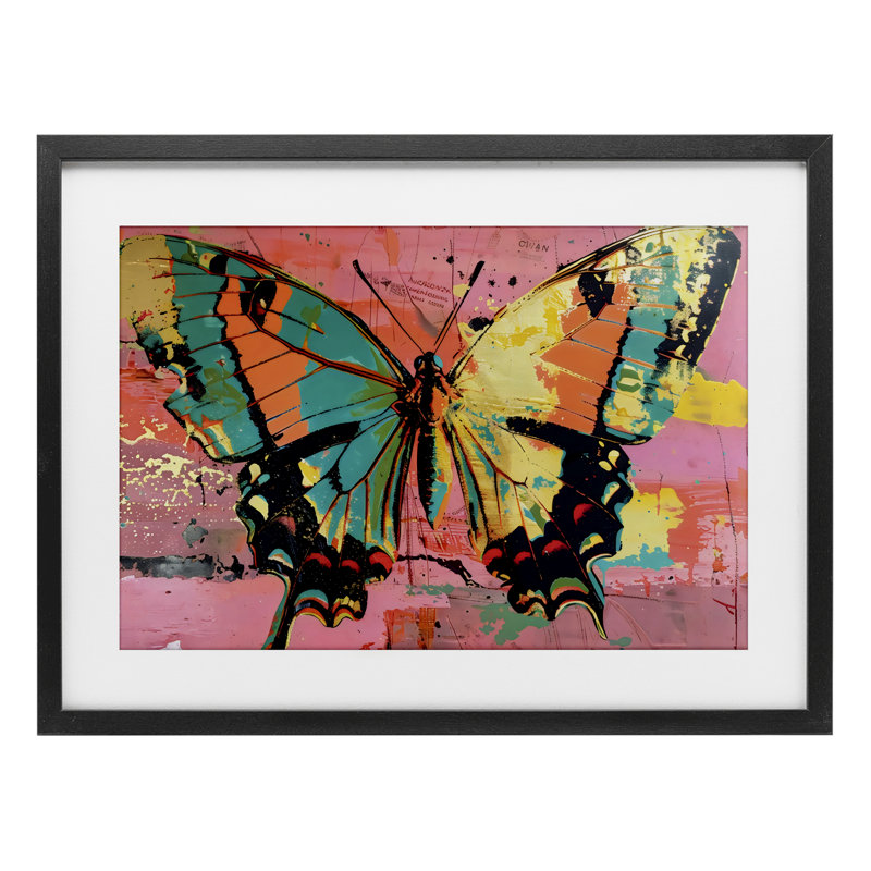«Retro Butterfly over Abstract», reproduction encadrée sous verre rose par LSR Design Studio, H 14 po x l 20 po