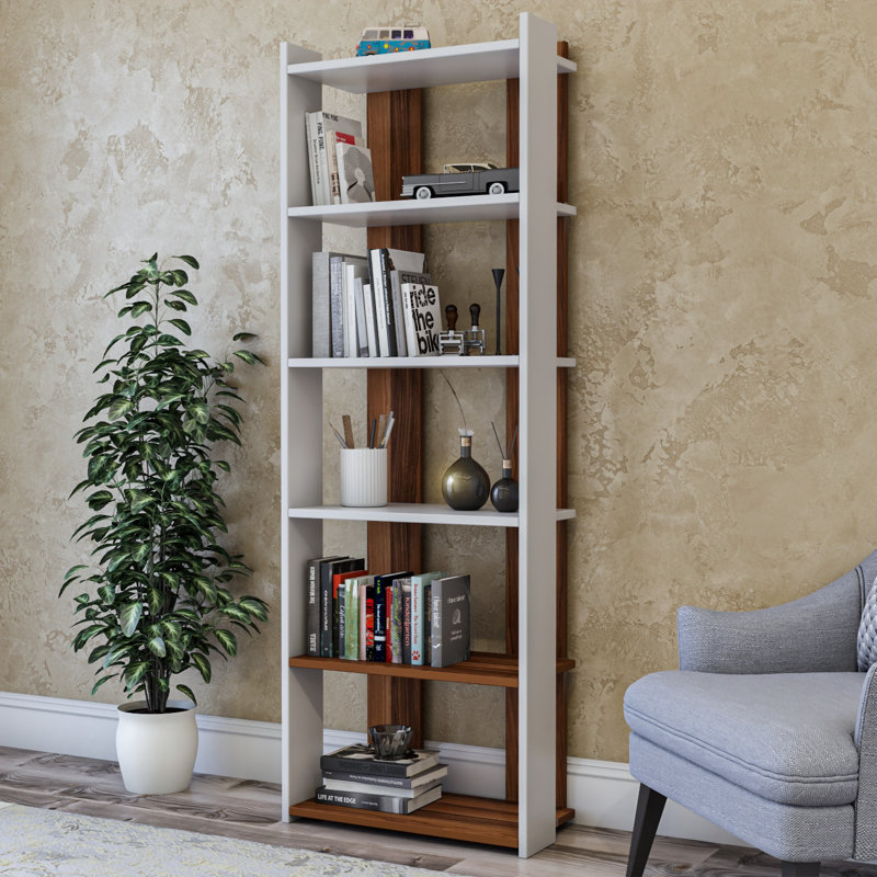 Bibliothèque élégante avec de nombreuses tablettes, finition blanche et noyer, 24,8 po x 70,9 po x 12,6 po | 100% panneau de particules enduit de mélamine, épaisseur: 0,7 pouce | Conception murale, parfaite pour la maison ou le bureau