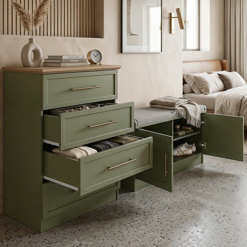 Cleverton Hallway Shoe Storage Bench With 4 Drawer Dresser Living or Bedroom Set, Kale Green