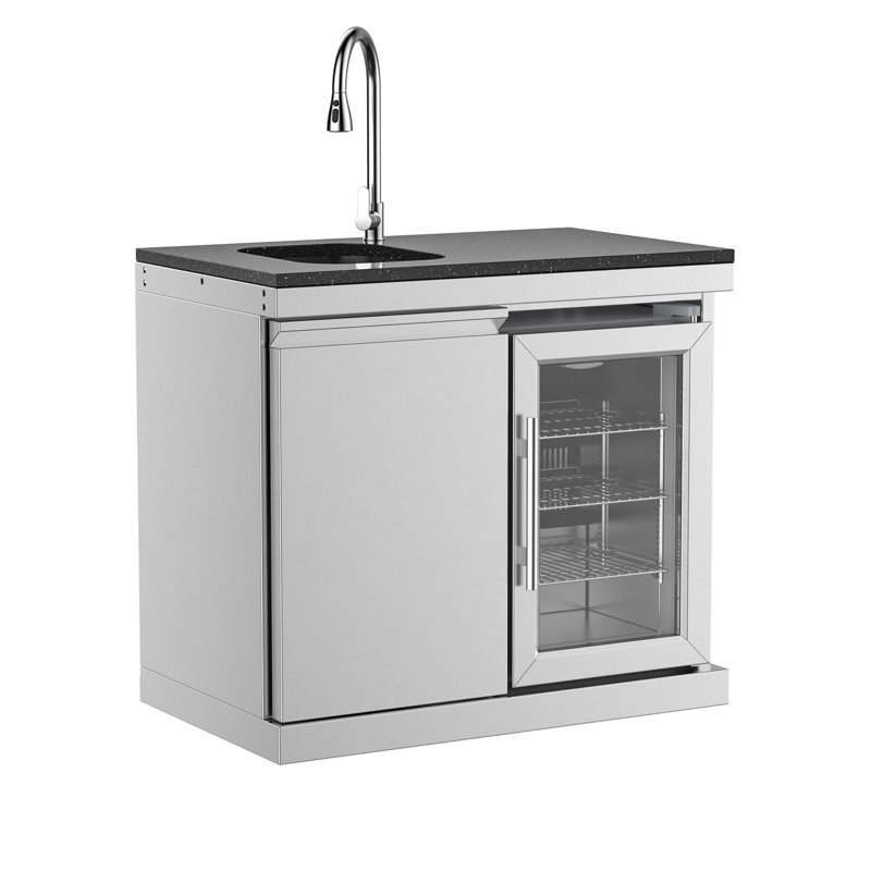 Outdoor Kitchen Sink & Beverage Fridge Module, 304 Stainless Steel Cabinet With Built-In Refrigerator, Weather-Resistant Outdoor Kitchen Island Component