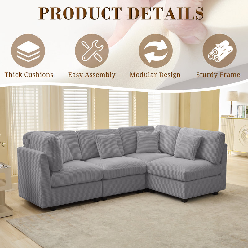 Nicholson 4-piece Sofa, Light Gray Corduroy