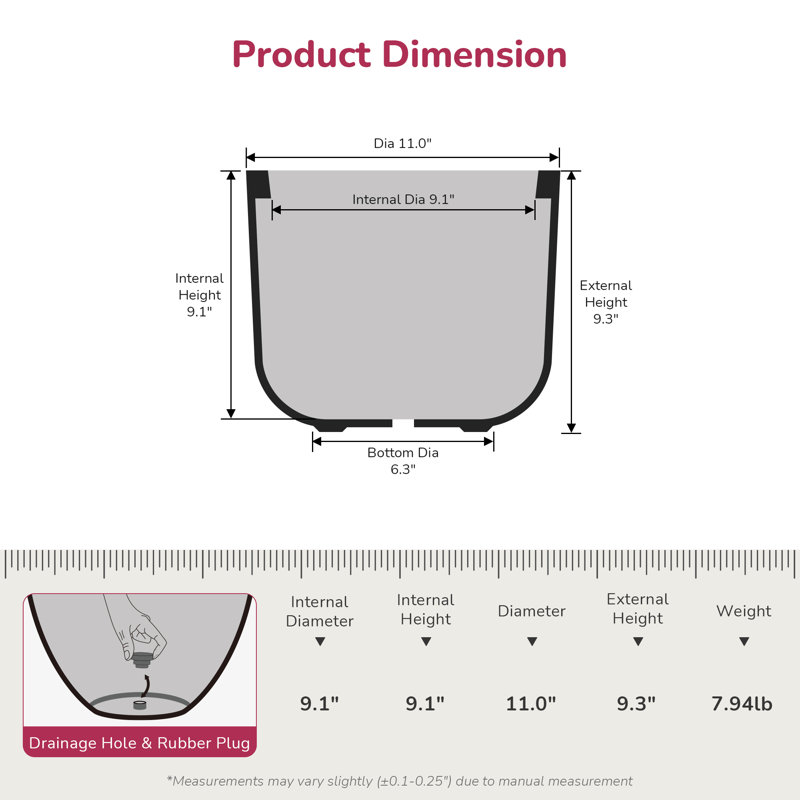 11 Inch Round Concrete Planter with Drainage Hole, Charcoal Gray, Charcoal Gray, 9.25" H x 11.02" W x 11.02" D