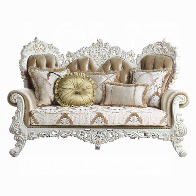 Kin Ornate Loveseat, 5 Accent Pillows, Tufted Tan, Antique White,