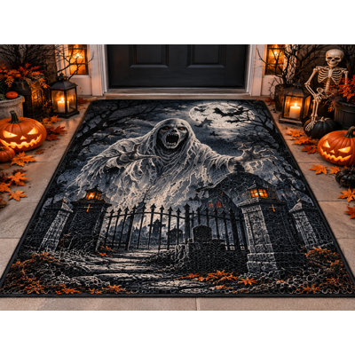 Tapis d'extérieur 152 x 213 cm, motif fantôme d'Halloween, cimetière et lune, tapis bouclé imperméable en PVC, séchage rapide et résistant, idéal pour porche, terrasse, balcon ou entrée.