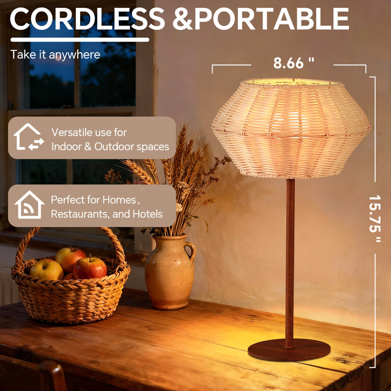 15.75’’H Vintage Woven Rattan Table Lamp with Long-lasting Rechargeable Bulb