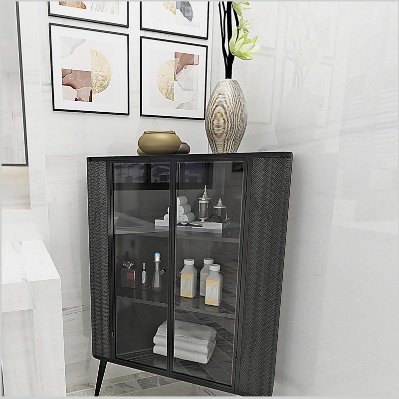 3-Tier Corner Storage Cabinet with Tempered Glass Doors and Metal Frame, Freestanding Space-Saving Organizer for Bathroom, Kitchen, Bedroom, Living Room