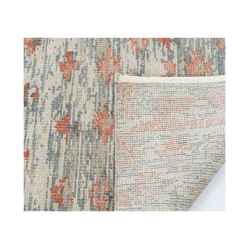 Hand-Knotted Blue and Terracotta Wool Abstract Area Rug