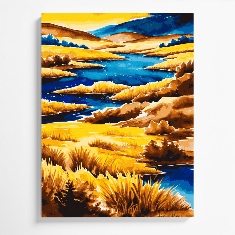 Aquarelle, paysage, toile jaune, art mural, H 24 po x l 36 po