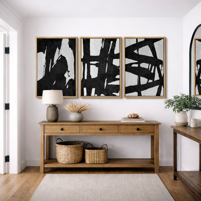 BAW "Black And White Grey Bold Brushstroke Artwork, Abstract Organic Modern Contemporary Wall Pictures, Framed Canvas Giclée Print 3 Pieces Wall Art