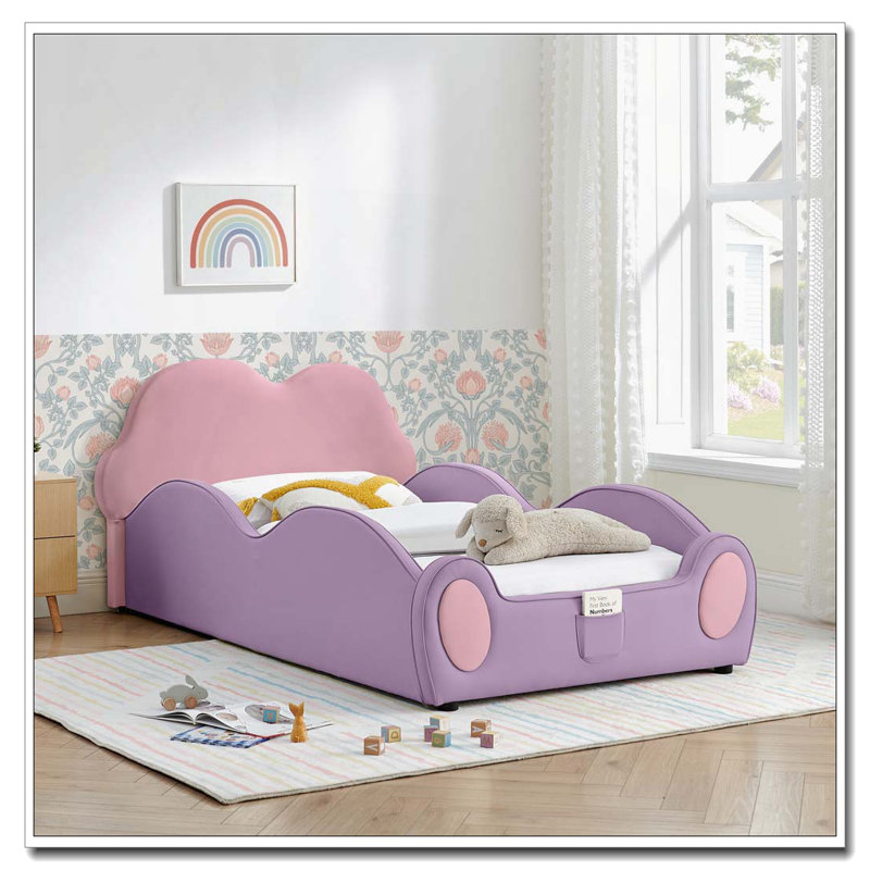 Mignon lit pour enfants en cuir de polyuréthane avec garde-corps et lit de sécurité pour tout-petits, Pink Purple