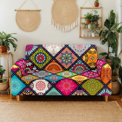 Multicolor Mandala Diamond Patchwork Stretch Chair Slipcover with Ties, 100% Polyester Microfiber, 55" W, Machine Washable