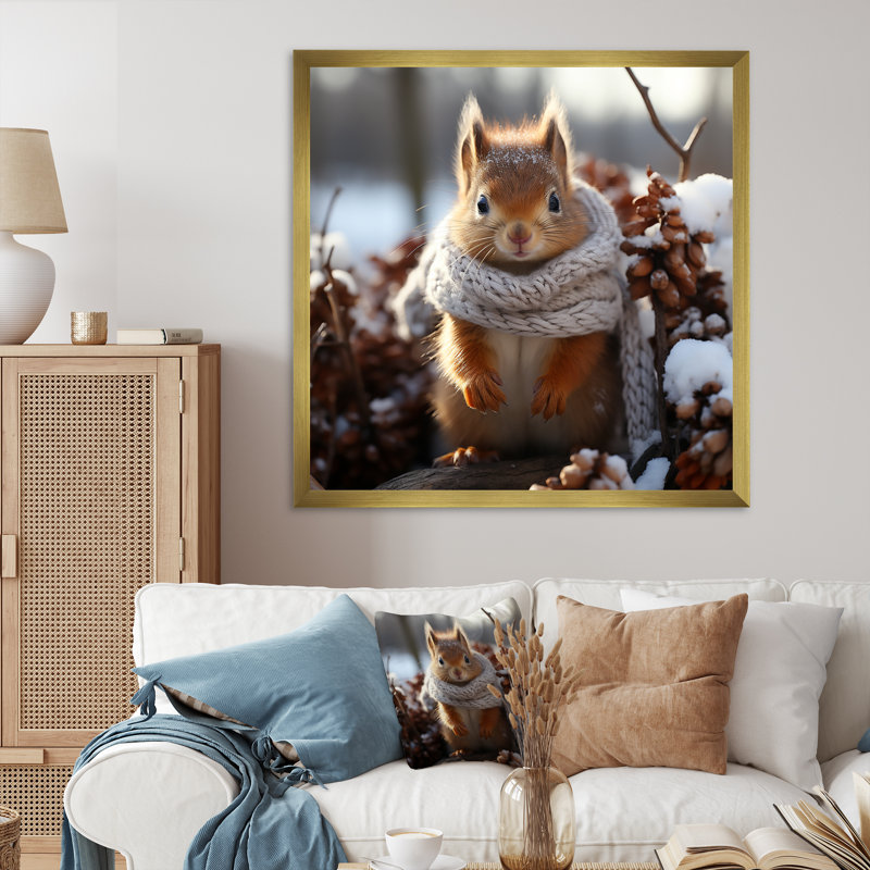 Mignon écureuil avec écharpe dans la neige I - art mural écureuil, Cadre doré simple, H 36 po x l 36 po x P 1,5 po