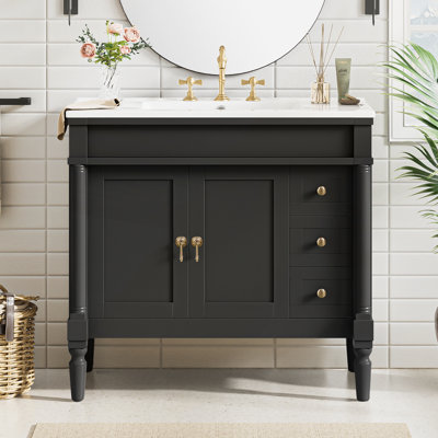 Meuble-lavabo moderne avec structure en bois massif, panneau de fibres à densité moyenne, lavabo en céramique et rangement spacieux pour un design élégant et fonctionnel