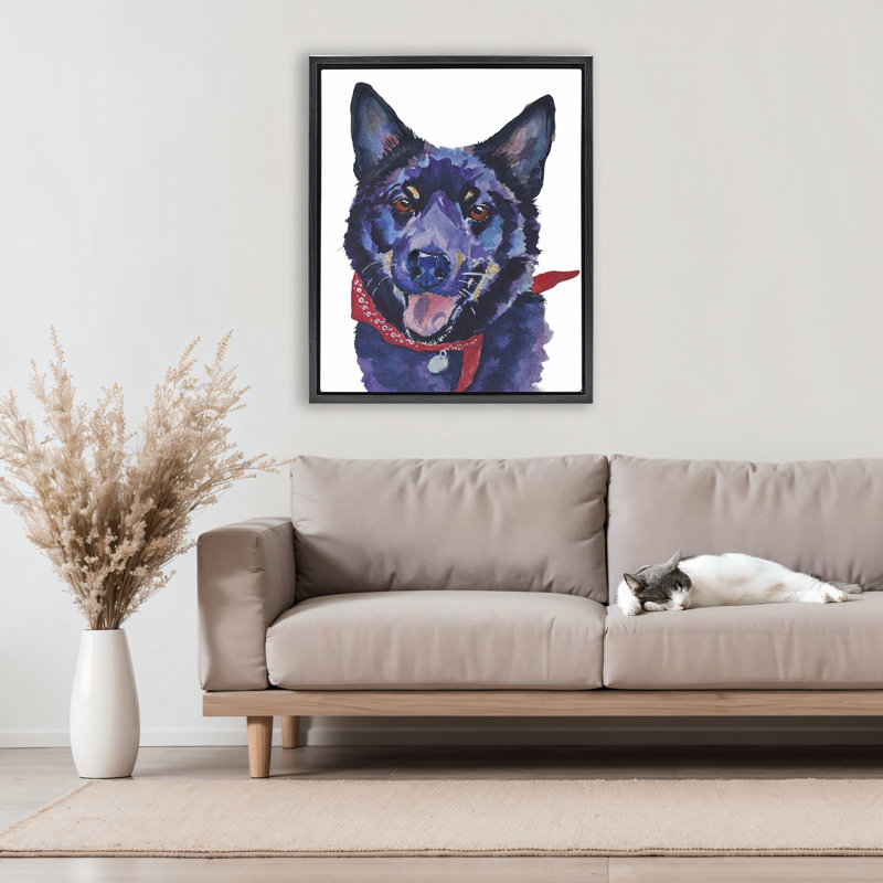 Chien noir avec cadre flottant Bandana, design par Tatiana Roberts, H 31 po x l 25 po, Cadre flottant noir de jais