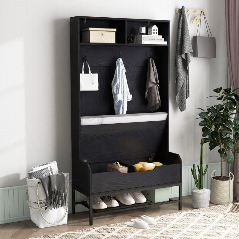 Hall Tree 90cm Wide with Bench, Black
