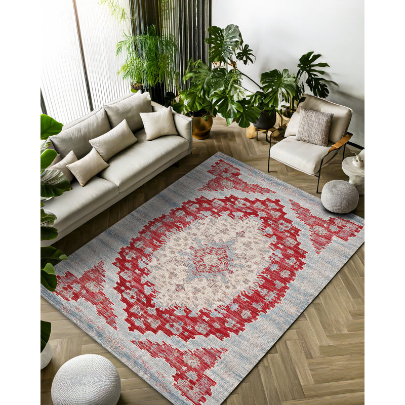 Marisol Burgundy Beige Gray Oriental Machine Printed Cotton Polyester Area Rug, Runner 4' x 11'6"