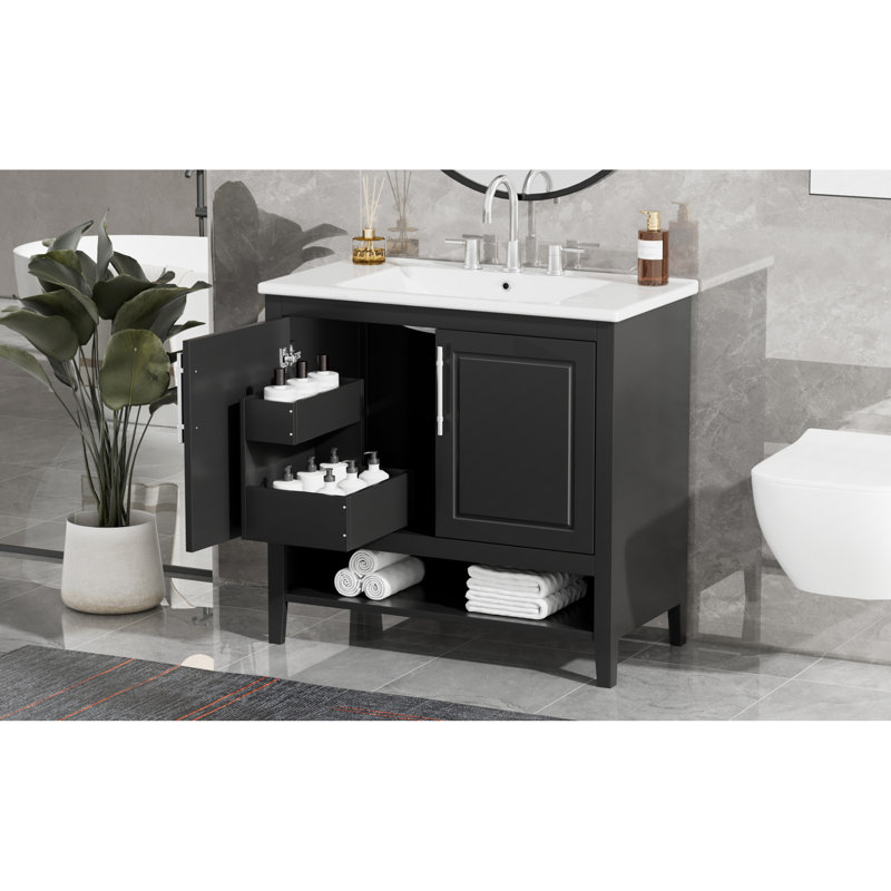 Meuble-lavabo 36 po avec lavabo, armoire de salle de bain multifonctionnelle avec portes et tiroirs, cadre en panneau de fibres à densité moyenne et panneau de fibres à densité moyenne, noir