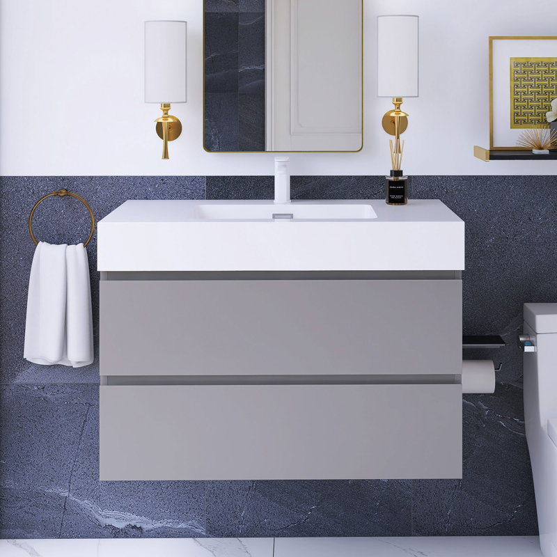 36 po W Meuble-lavabo mural simple avec lavabo blanc, Gris
