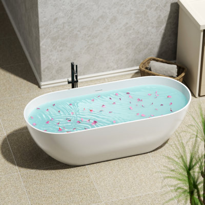 63" Freestanding Solid Surface Soaking Bathtub, Matte White, Engineered Stone, Overflow Drainage, Pop-up Drain, Warm Tub Environment Style, System, Experience