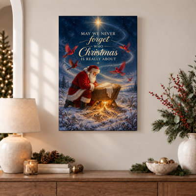 Santa Claus Kneeling by Manger with Red Cardinals Christmas Canvas Wall Art