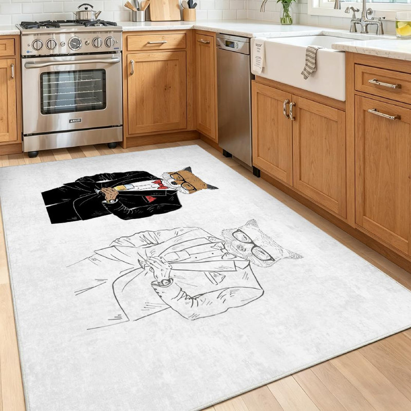 Tapis d'intérieur transparent lavable à la machine, motif renard et champagne, style animaux tendance