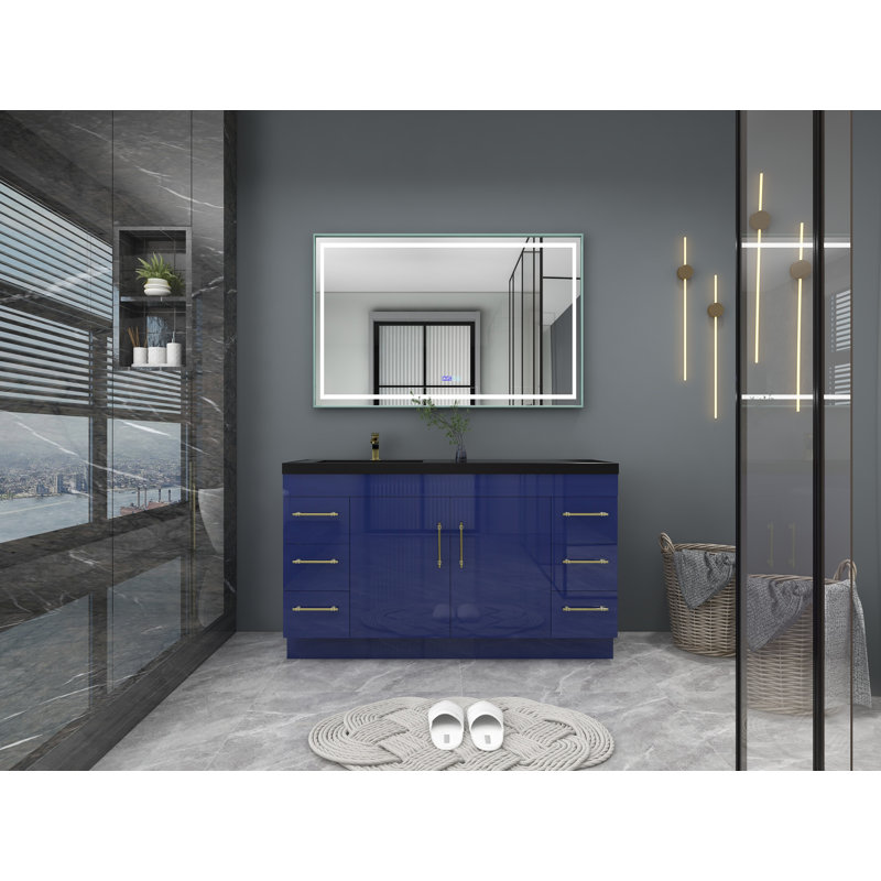 Ensemble de meuble-lavabo simple 60 po Campea, Or mat, Bleu nuit brillant