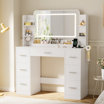 Bureau de coiffeuse avec miroir et lumières, 43,3 po 7 tiroirs, station de charge
