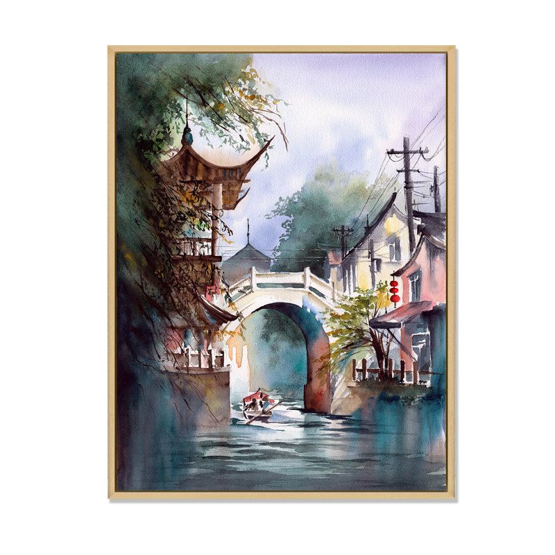 Un paysage urbain chinois avec un bateau sur la rivière - reproduction sur toile, Toile avec cadre en érable