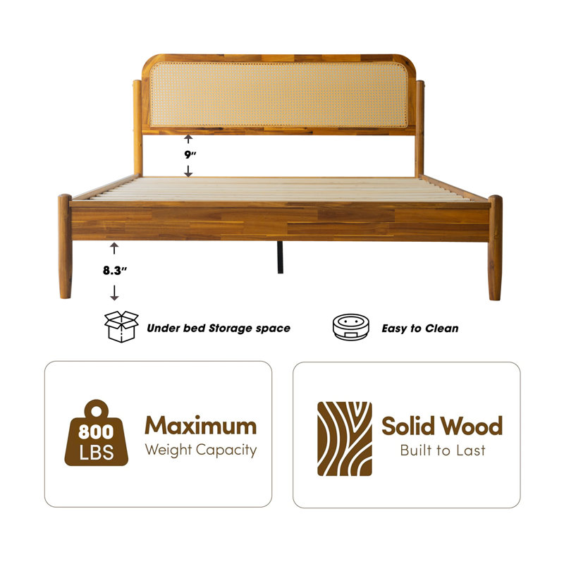 Jamison Queen Size Bed Frame with Headboard & Footboard, Solid Wood Platform Bed, 12 Durable Slatted Support with Metal Legs, Slip-Free & Noise-Less, Acacia Honey Finish