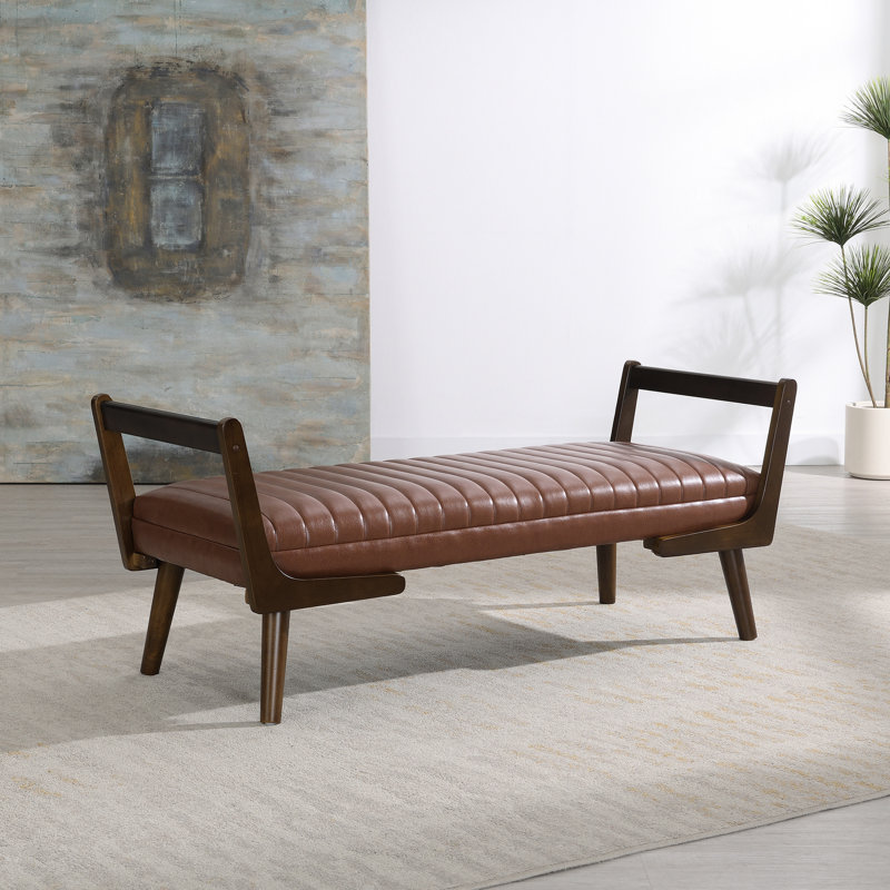 Banc de 52 pouces de style Mid-Century moderne avec pieds en bois de noyer, tabouret tapissier cannelé pour la cuisine, salon avec repose-pieds de 52 po